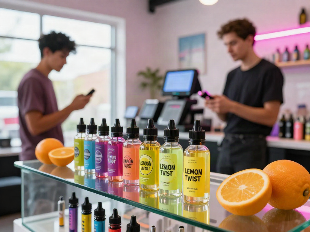 Lemon Twist Golden Coast Lemon Bar e-liquid displayed in a vibrant vape shop, attracting curious customers with colorful bottles and citrus fruits.