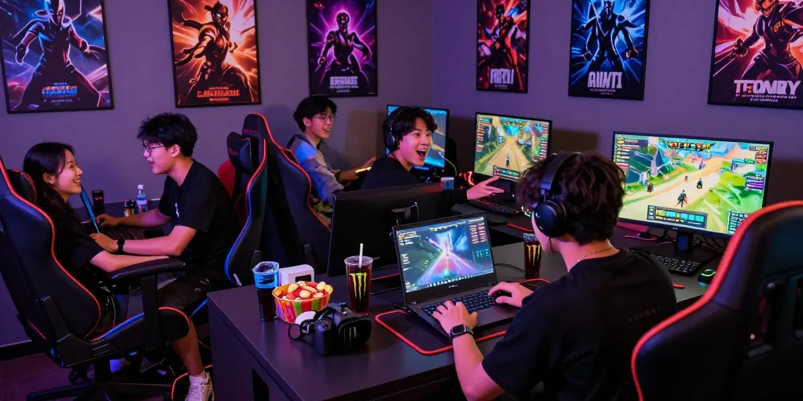 Friends enjoying a gaming session with rokok88 login displayed on laptop screen, vibrant gaming ambiance.