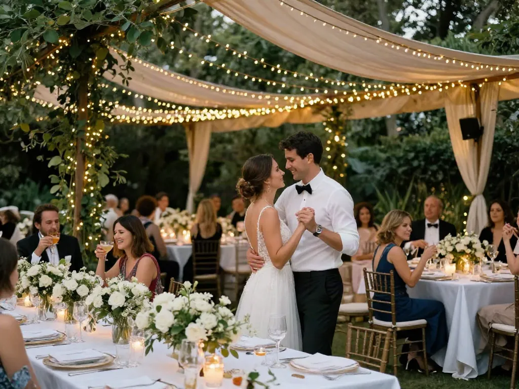 Elegant wedding reception showcasing event rentals with beautiful decor and joyful couple.