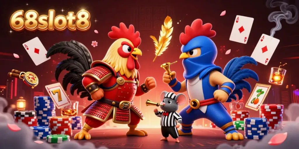 Engage in excitement at 68slot8 with dynamic gaming visuals featuring roosters in battle amidst slot reels.