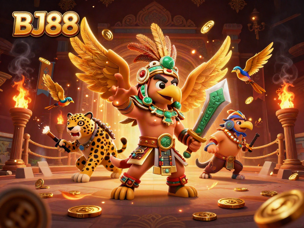 Win big at BJ88 with vibrant 3D illustration featuring warriors and casino elements.