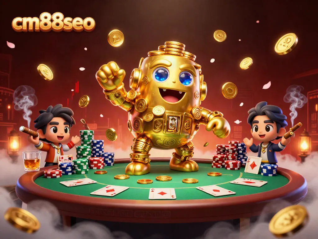 Experience thrilling gameplay at cm88seo, featuring a dynamic scene of casino action with a golden golem and poker elements.