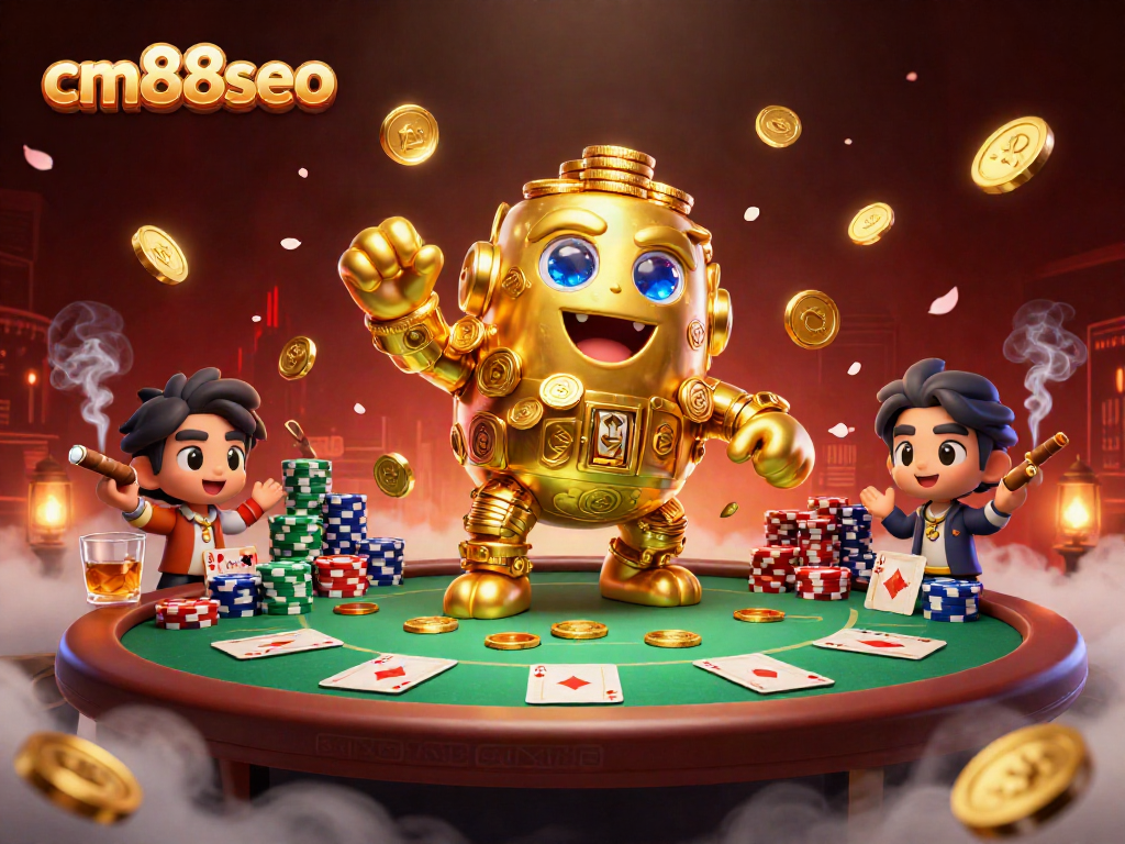 Experience thrilling gameplay at cm88seo, featuring a dynamic scene of casino action with a golden golem and poker elements.