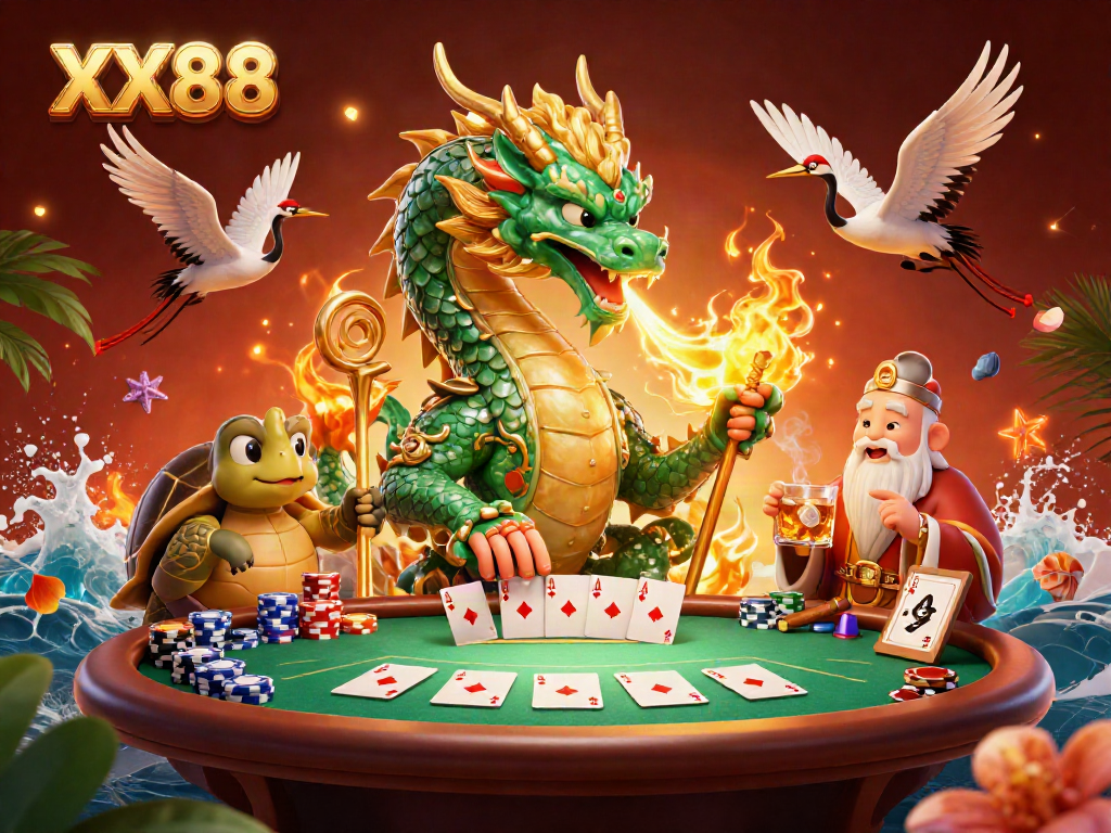 Engage in high-stakes poker at XX88 with a dragon, sage, and cranes amidst vibrant casino elements.