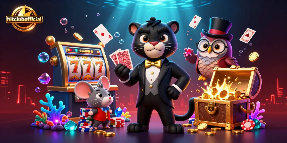 Experience the excitement at hitclubofficial with a stylish black panther dealing cards among vibrant casino elements.