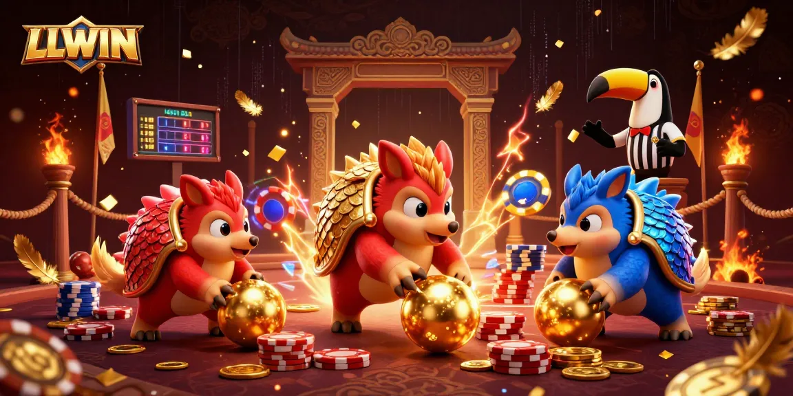 Engage with LLWIN's dynamic casino experience displaying rival pangolins playing through poker chips.
