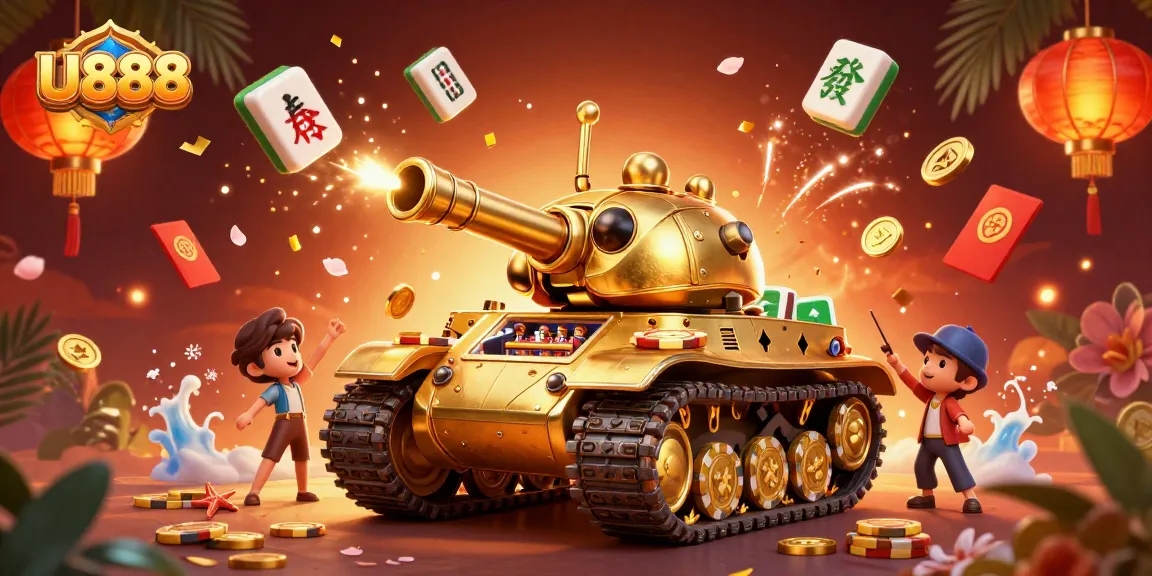 Experience the excitement of U888 in a vibrant casino scene featuring a golden beetle tank and dynamic decorations.