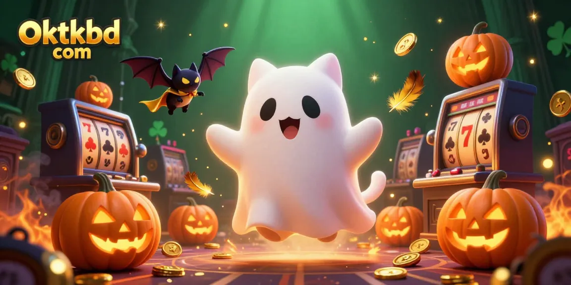 Spin the reels with the enchanting ghost cat at oktkbd com's haunted casino, filled with glowing jack-o-lanterns!