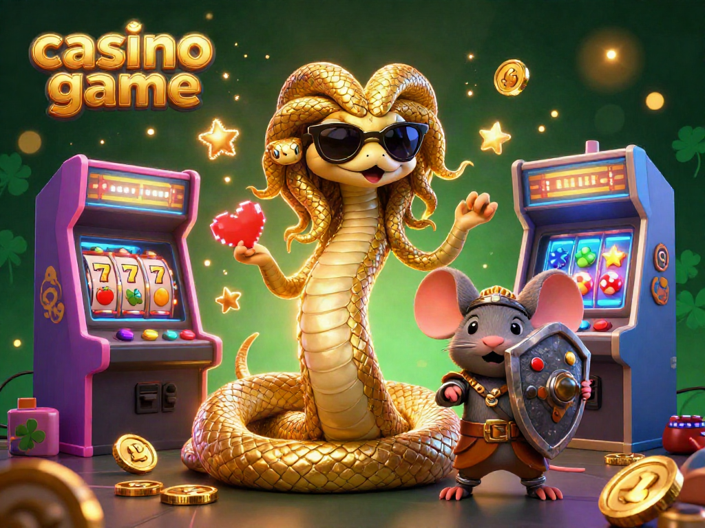 Engage with a vibrant casino game scene featuring Medusa, a warrior mouse, and arcade elements.