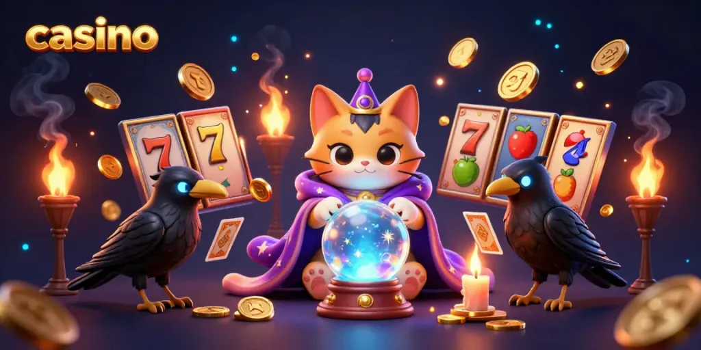 Experience thrilling gameplay at the casino with a mystical scene featuring a fortune teller cat and vibrant slot symbols.