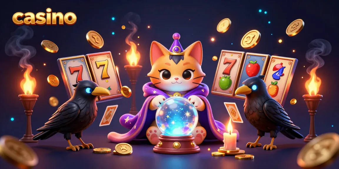 Experience thrilling gameplay at the casino with a mystical scene featuring a fortune teller cat and vibrant slot symbols.