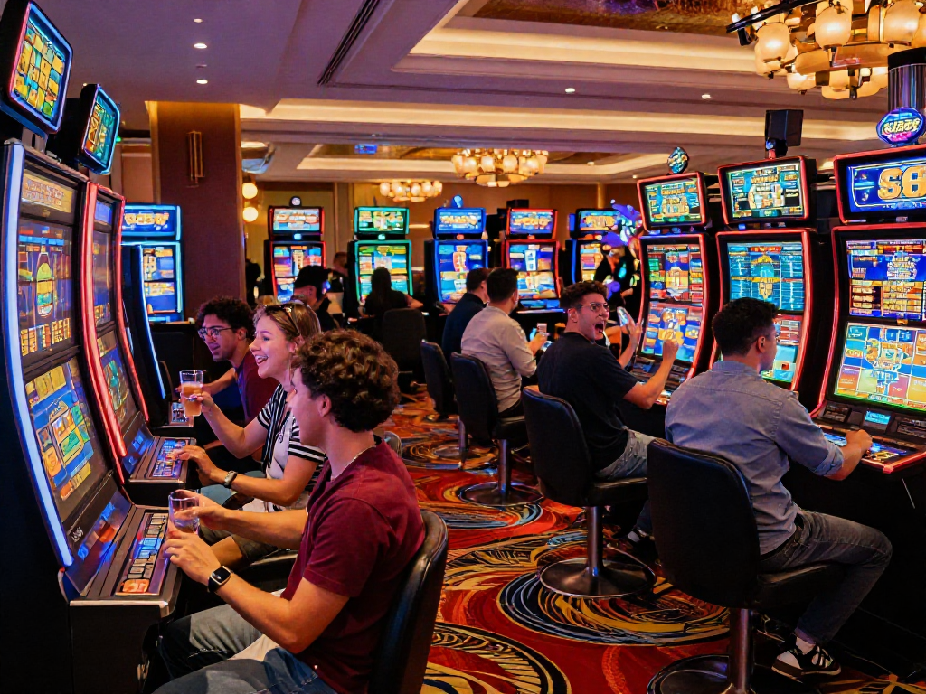 Excited friends playing slot88 machines in a vibrant casino atmosphere.