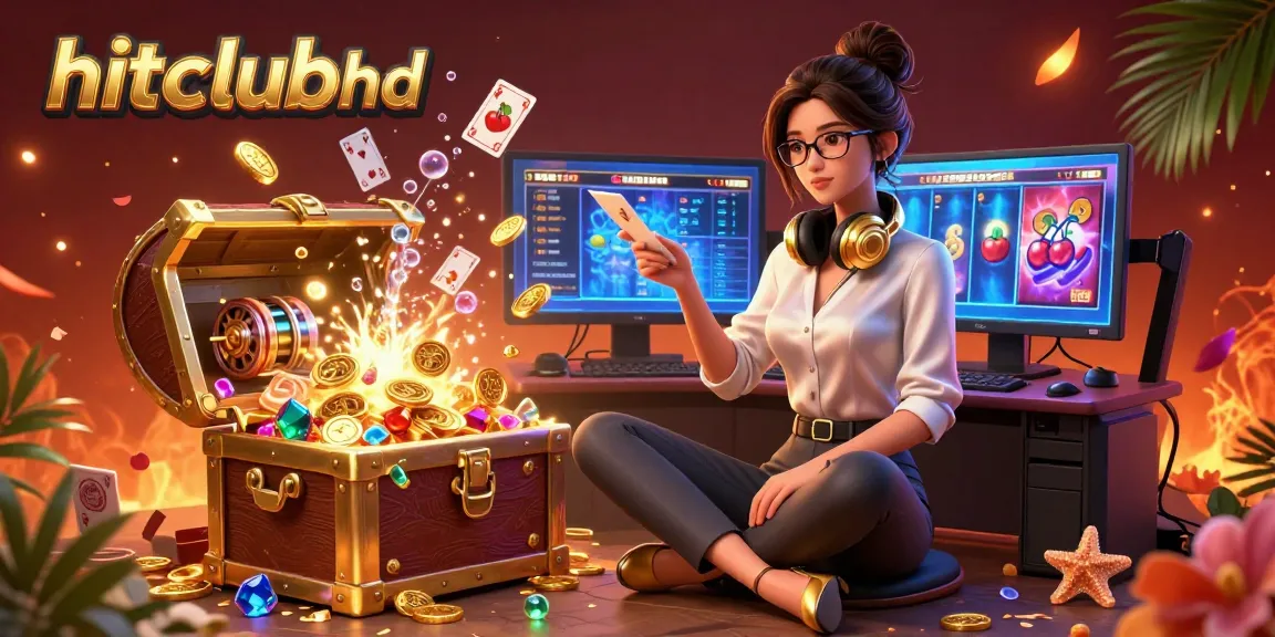 Engage with thrilling jackpots at hitclubhd featuring an elegant woman at a high-tech gaming setup.
