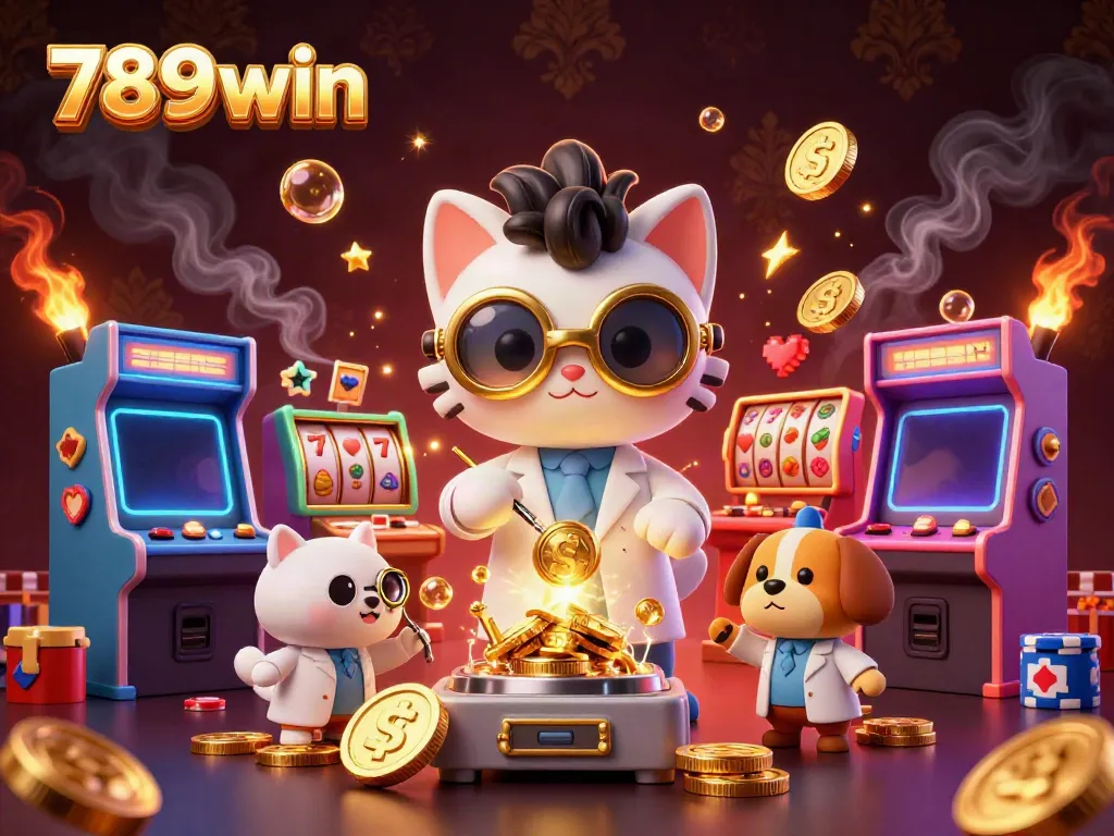 Experience the excitement of 789win with a cartoon scene showcasing gold coins and gaming machines.