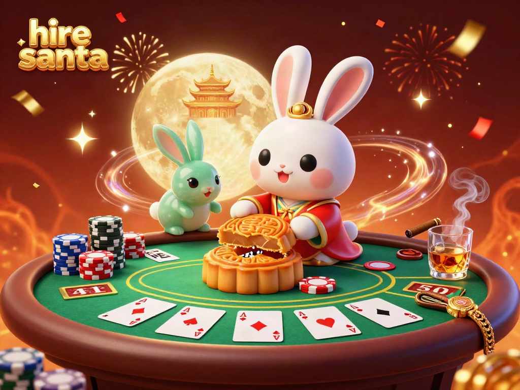 Engaging scene to hire Santa features poker elements, with festive symbols of Santa's charm and excitement.