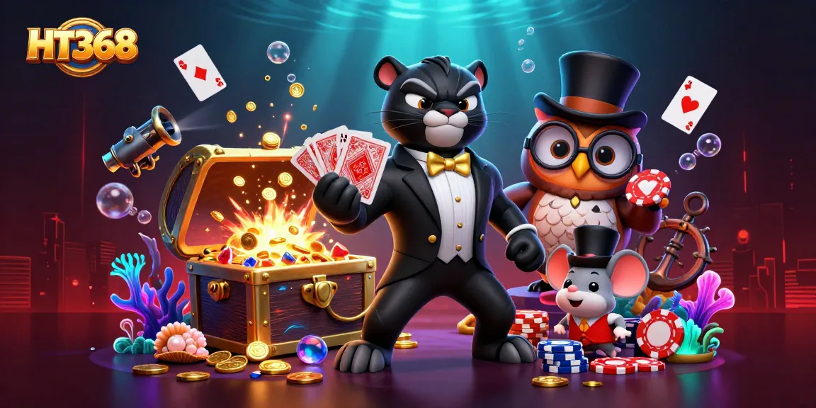HT368 invites players to enjoy elite card games with a black panther dealer and charming companions.