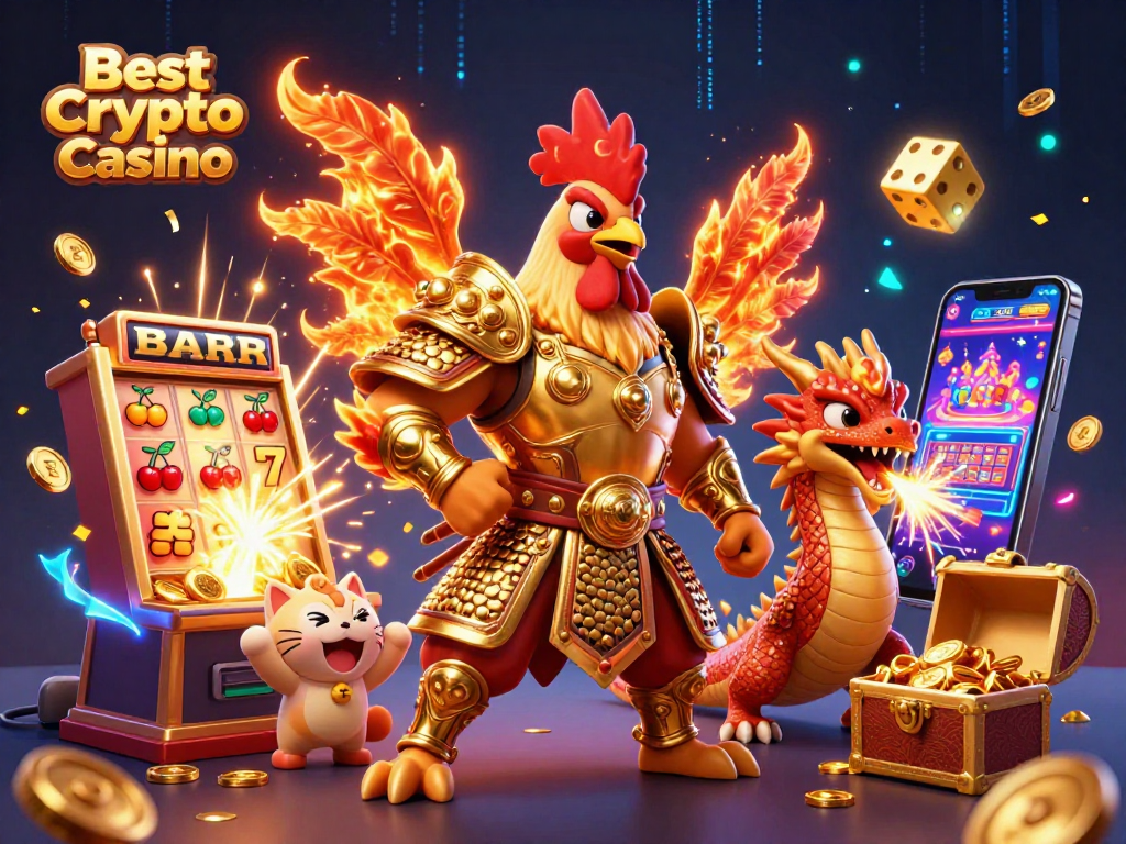 Experience the excitement at the Best Crypto Casino with a dynamic scene of game characters and winning elements.