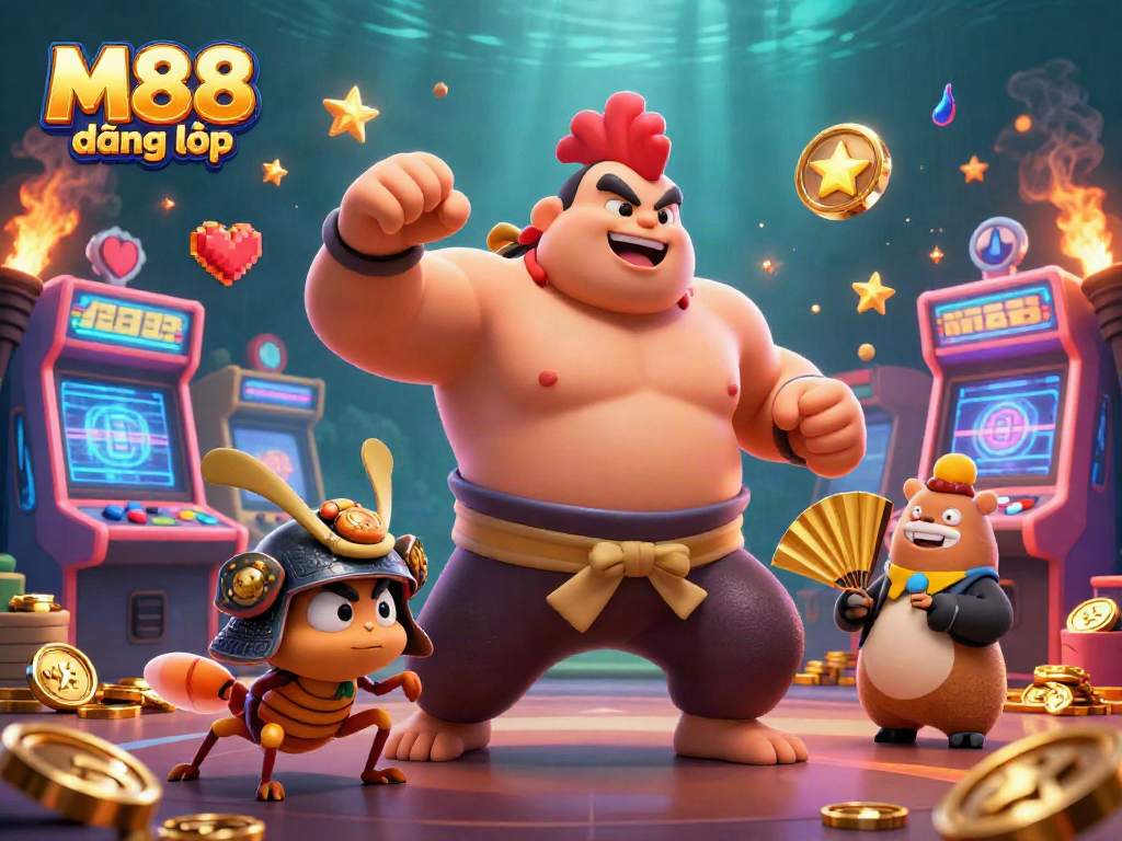 M88 đăng nhập offers exciting gaming scenes with a sumo rooster, samurai cricket, and colorful game machines.