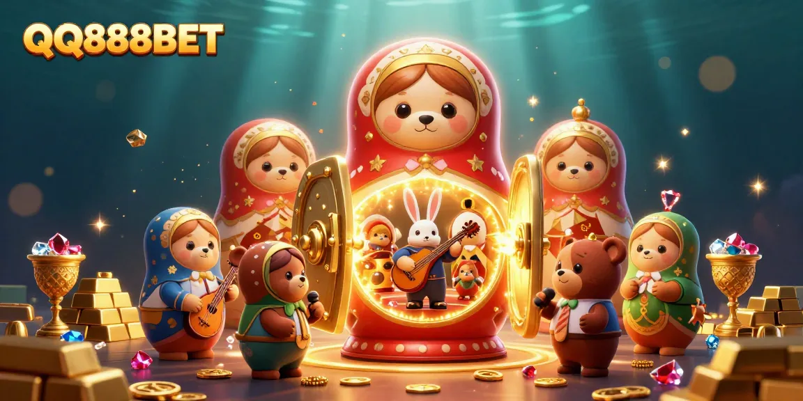 Engage with QQ888BET's thrilling casino scene featuring vibrant characters and treasures.