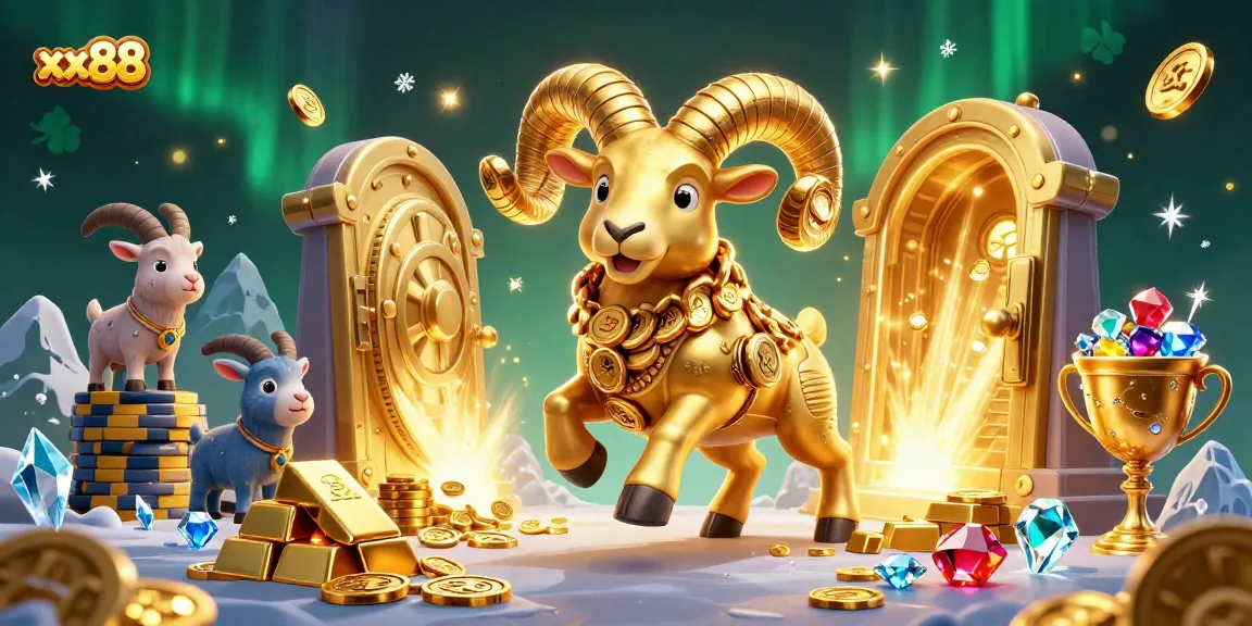 Experience the excitement of xx88 with a dynamic scene featuring a golden ram amidst treasure and gaming elements.