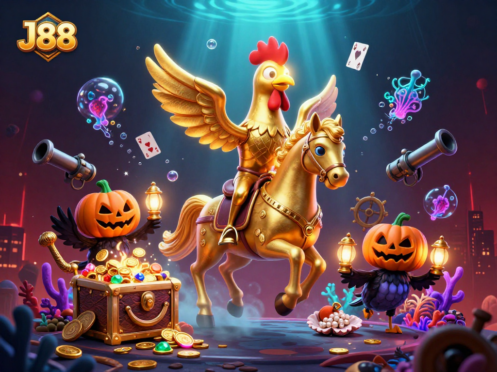 Engage in thrilling J88 casino adventures with a dynamic scene of a golden rooster riding a spectral horse, surrounded by treasures.