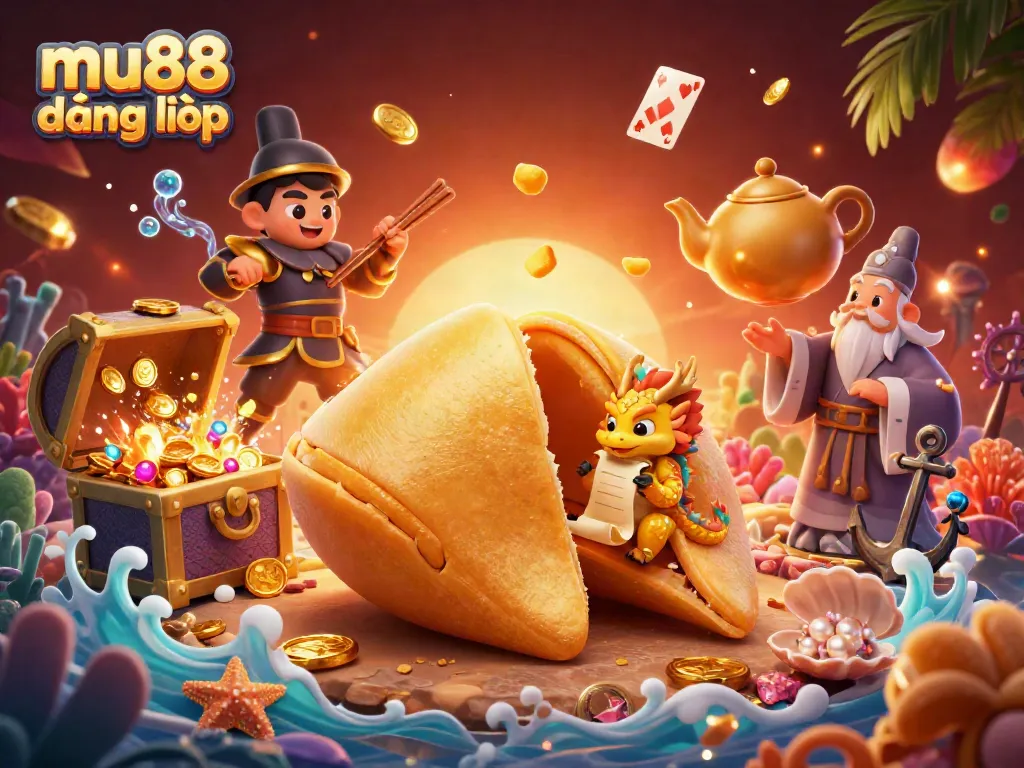 Engage with mu88 đăng nhập in exciting 3D cartoon illustration showcasing fortune cookie charm and underwater treasures.