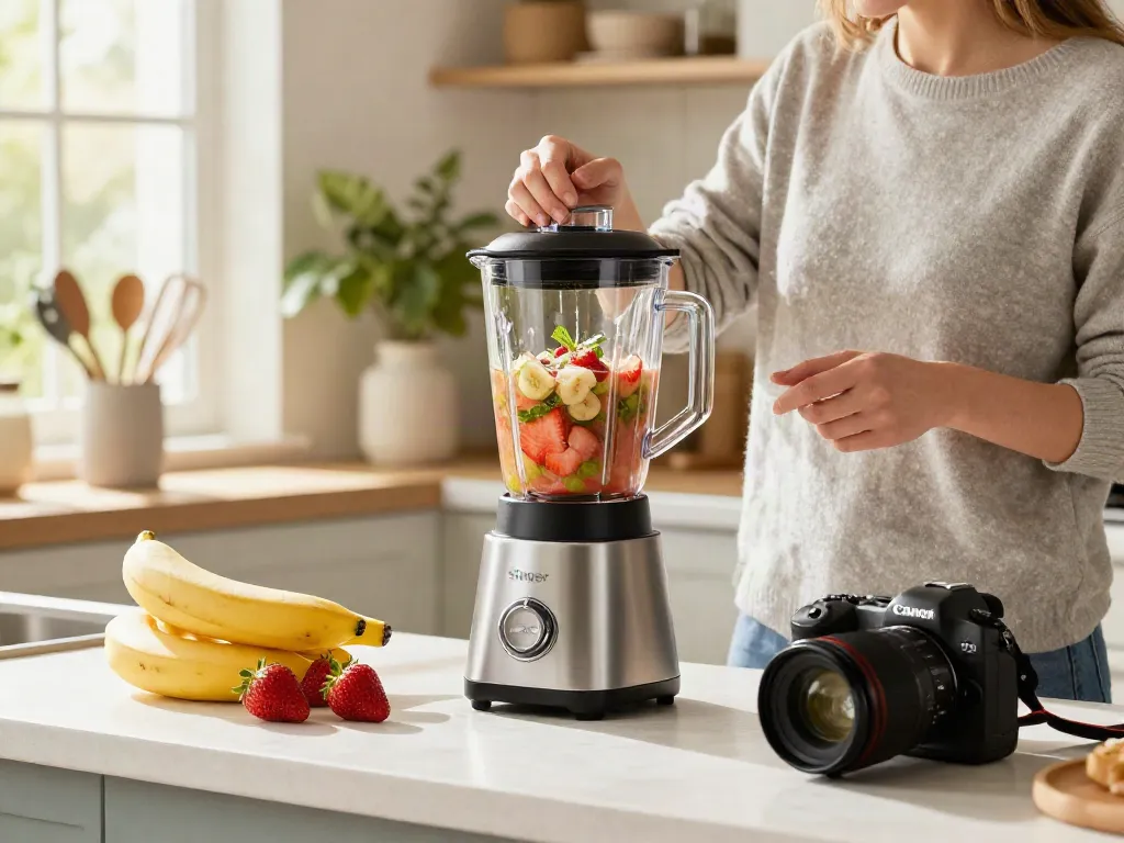 Person using a Singer Blender to prepare a smoothie in a bright kitchen.