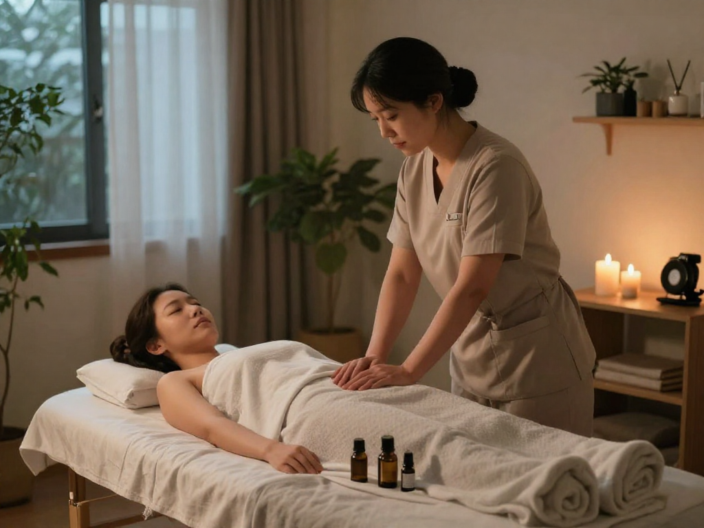Relaxing home massage scene with professional masseuse offering 경기광주출장마사지 service, creating a peaceful atmosphere.