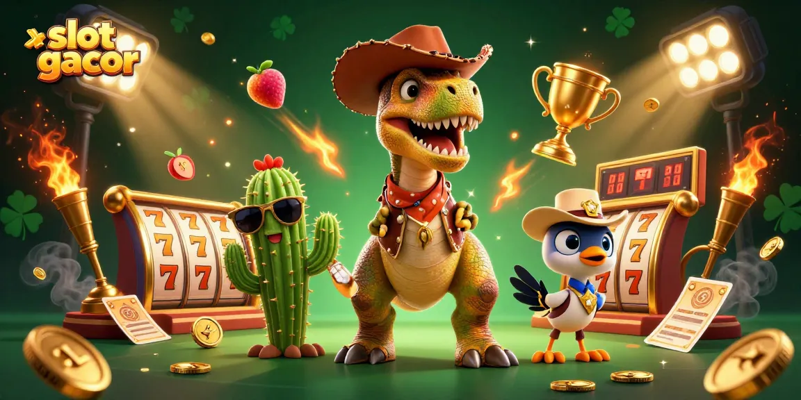 Experience slot gacor excitement with our vibrant 3D cowboy dinosaur and dynamic gaming elements.