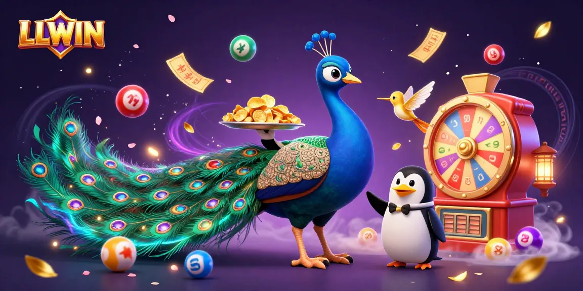 Experience LLWIN's magical gaming world with vibrant colors, golden chips, and animated lottery balls.