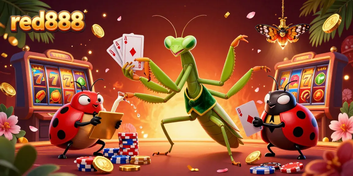Experience thrilling wins at red888 with a vibrant casino scene featuring a whimsical praying mantis dealer.