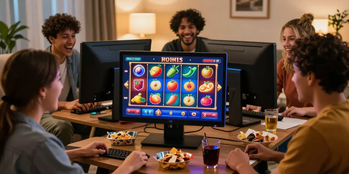 Exciting group playing slot online together, celebrating wins on a vibrant laptop.