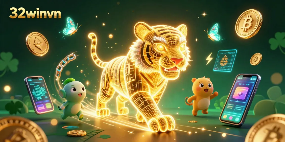 Celebrate winning moments at 32winvn with a dazzling digital casino scene, glowing elements, and vibrant energy.