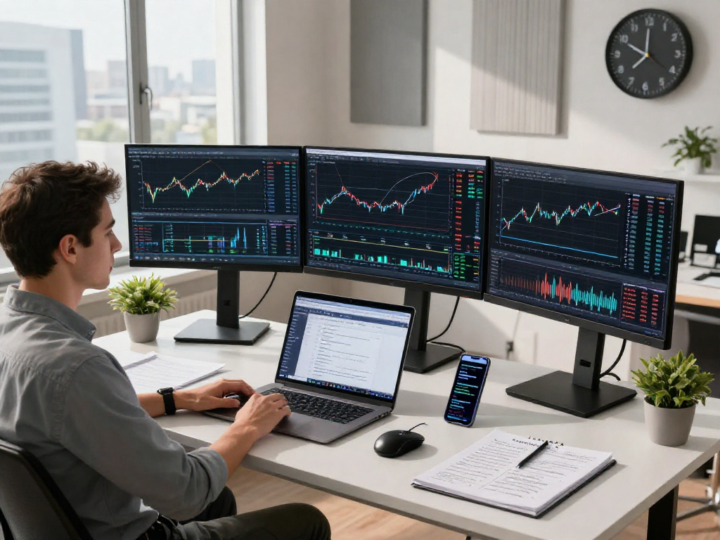Dynamic trading workspace with TradingView charts and monitors showing market analysis.