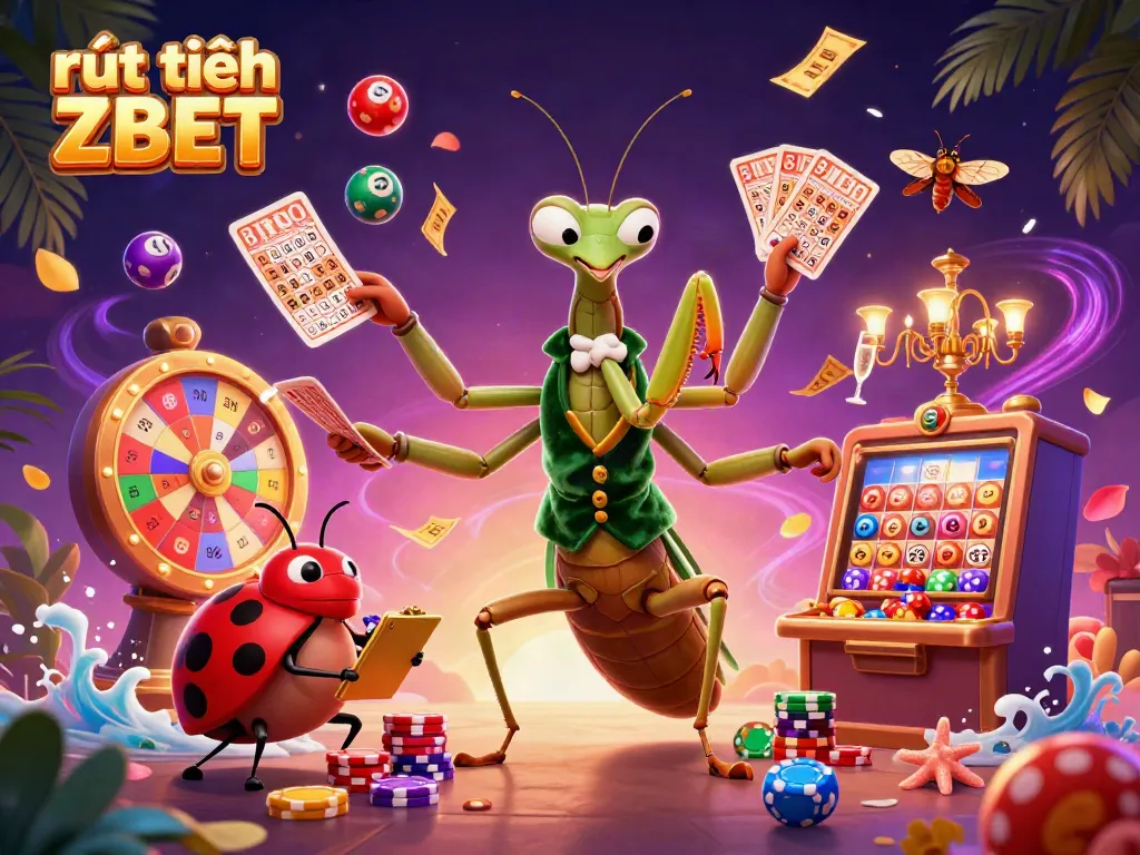 Experience rút tiền ZBET in vibrant and dynamic 3D casino illustration featuring unique characters and game elements.