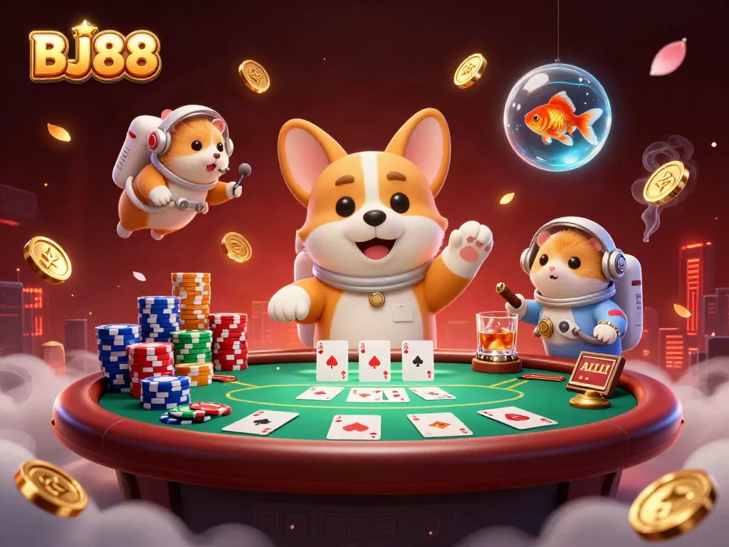BJ88 showcases a lively casino scene with a floating astronaut corgi, poker chips, and vibrant gaming elements.
