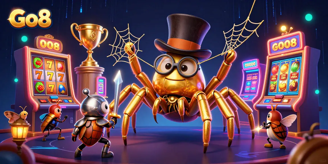 Experience the thrill of Go8 with a golden tarantula and a brave beetle knight in an exciting casino scene.