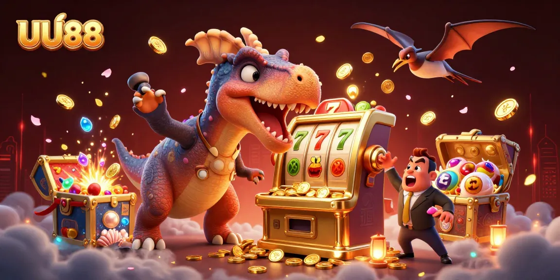 UU88 slot machine comes to life with golden coins, humor, and excitement in a vibrant casino atmosphere.