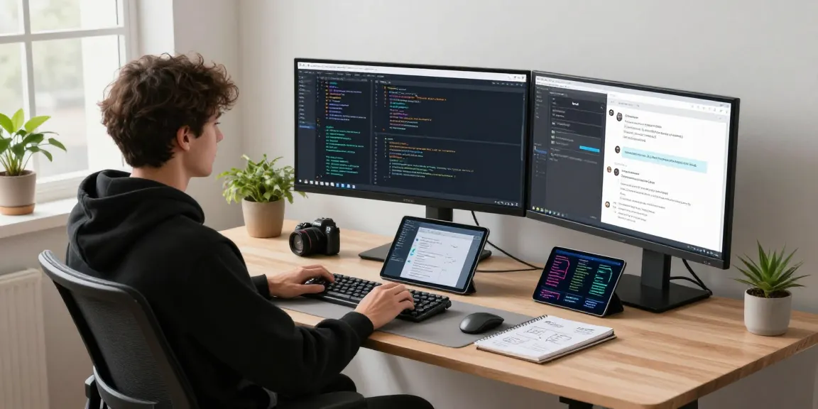 Developer using AI chatbot in a modern tech workspace, showcasing coding and productivity tools.