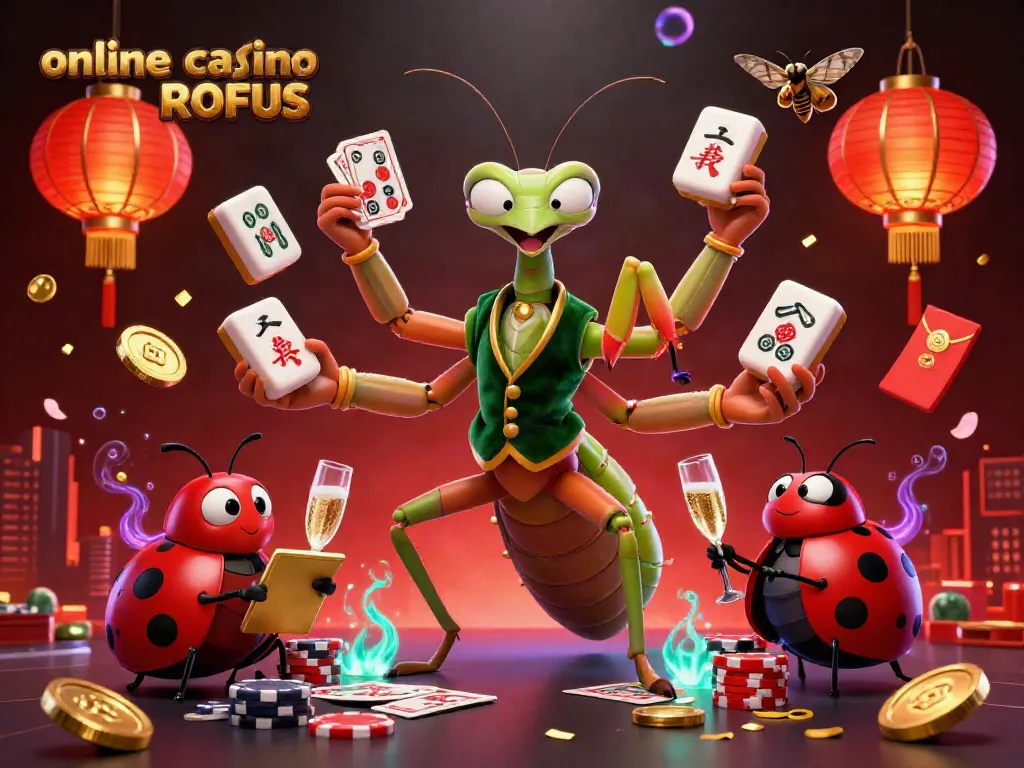 Join the excitement of online casino uden ROFUS with a vibrant scene showcasing a giant mantis dealer and ladybug pit boss.