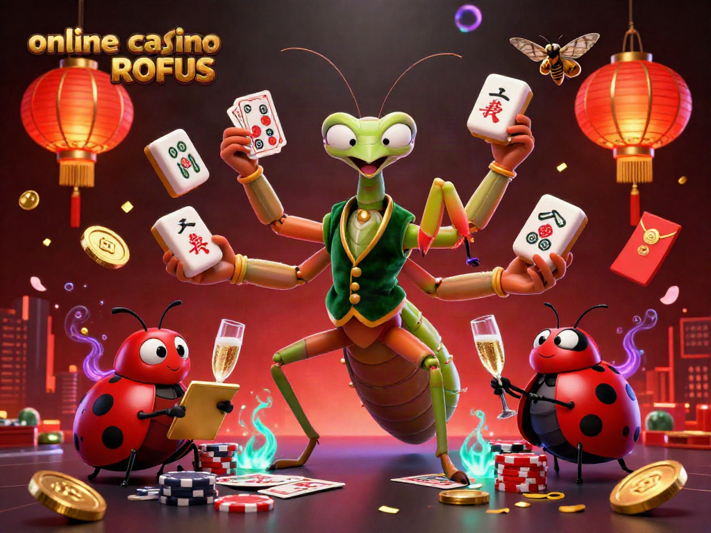 Join the excitement of online casino uden ROFUS with a vibrant scene showcasing a giant mantis dealer and ladybug pit boss.