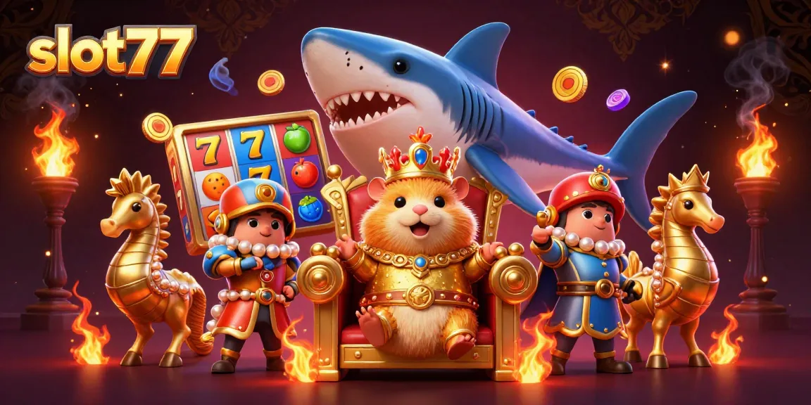Spin the slots with slot77 as a fierce golden hamster king reigns in a vibrant casino scene.