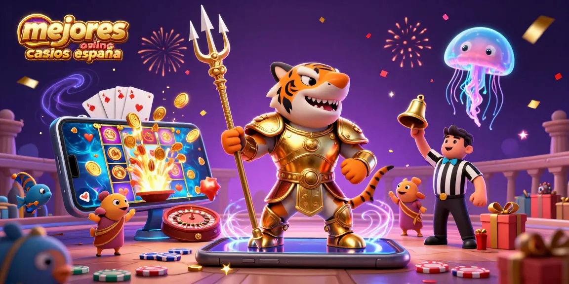 Ilustra los mejores casinos online en España con una escena festiva de juego y premios increíbles.