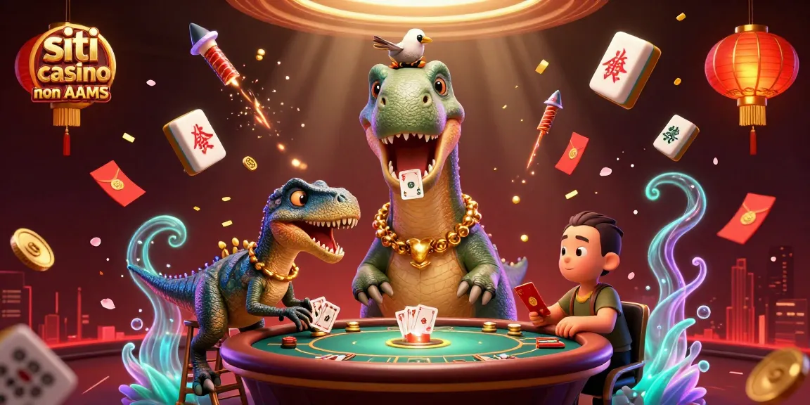 Scopri i siti casino non AAMS con un brontosauro gigante e giochi fluttuanti in un vivace ambiente di casinò.