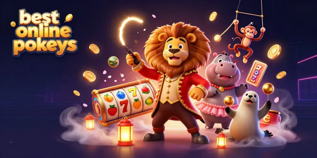 Experience the best online pokies with fun characters and vibrant casino elements in a colorful 3D illustration.