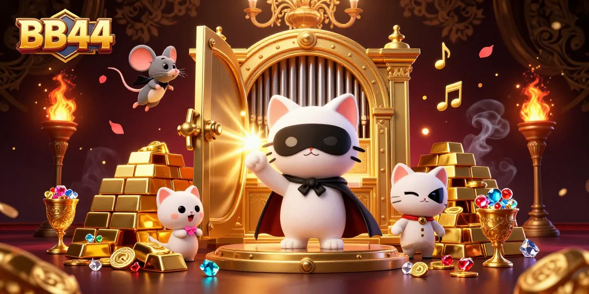 Experience the thrill at BB44 with a vibrant casino scene featuring dynamic characters and sparkling treasures.