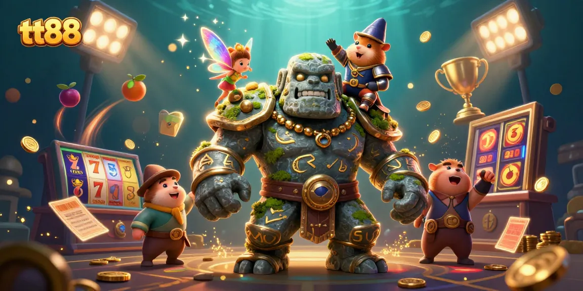 Experience the excitement of tt88 with a magical illustration featuring a golem, fairy, and hamster knight.