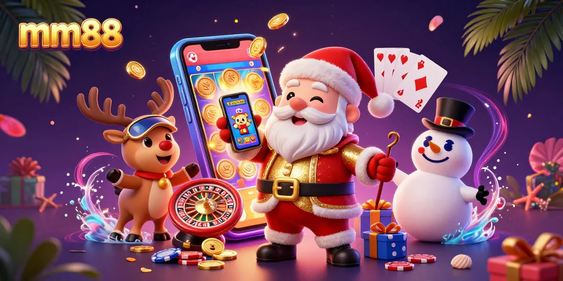Spin the reels with mm88 in this festive casino scene featuring characters and vibrant gaming elements.