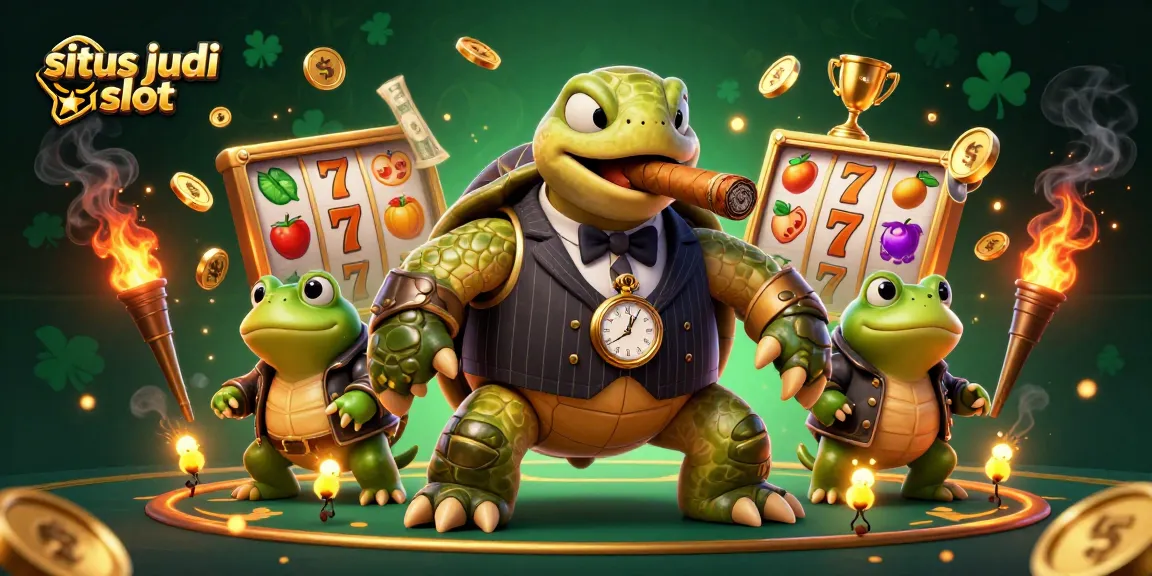 Engage with situs judi slot as a giant turtle in a mobster suit oversees a lively casino scene packed with action.