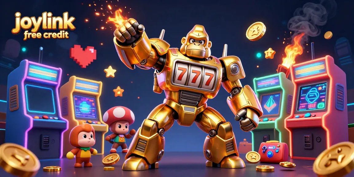 Engage with joylink free credit in an exciting 3D casino scene featuring a golden gorilla mech and vibrant arcade elements.